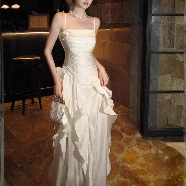 Luolandi Elegant Spaghetti Straps Sleeveless Ruffles Formal Prom Dress Charming Party Evening Gown