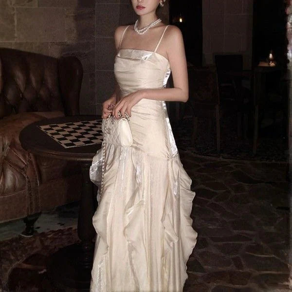Luolandi Elegant Spaghetti Straps Sleeveless Ruffles Formal Prom Dress Charming Party Evening Gown