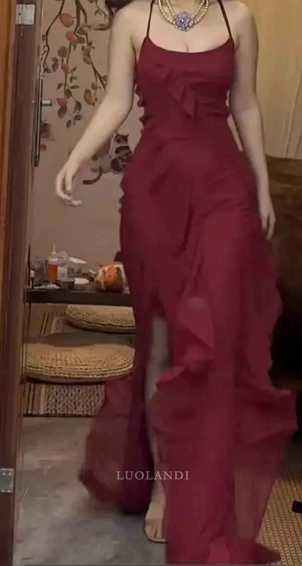 Luolandi Elegant Spaghetti Straps Sleeveless Ruffles Long Formal Prom Dress Sexy Evening Party Gowns Charming Graduation Dress With Slit