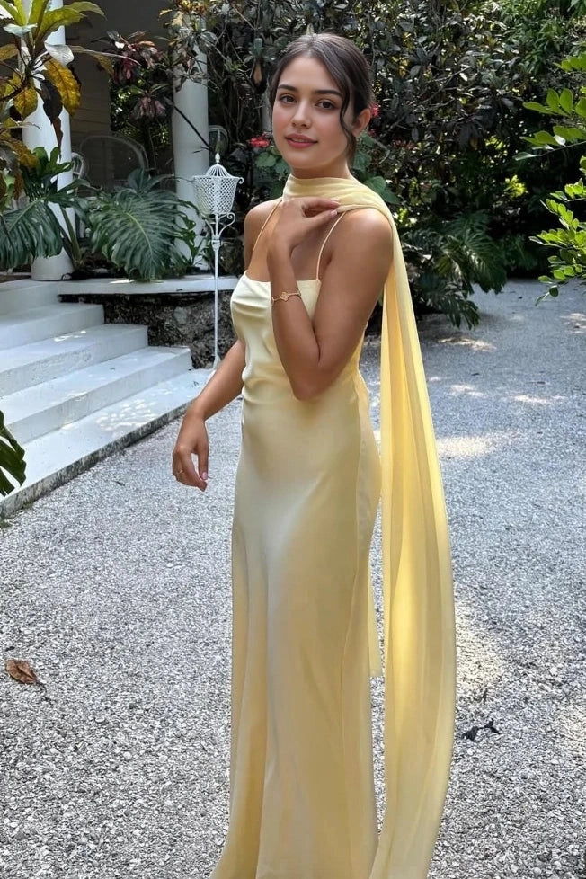 Luolandi Elegant Spaghetti Straps Sleeveless Yellow Wedding Guest Dress Fashion Long Party Prom Dress