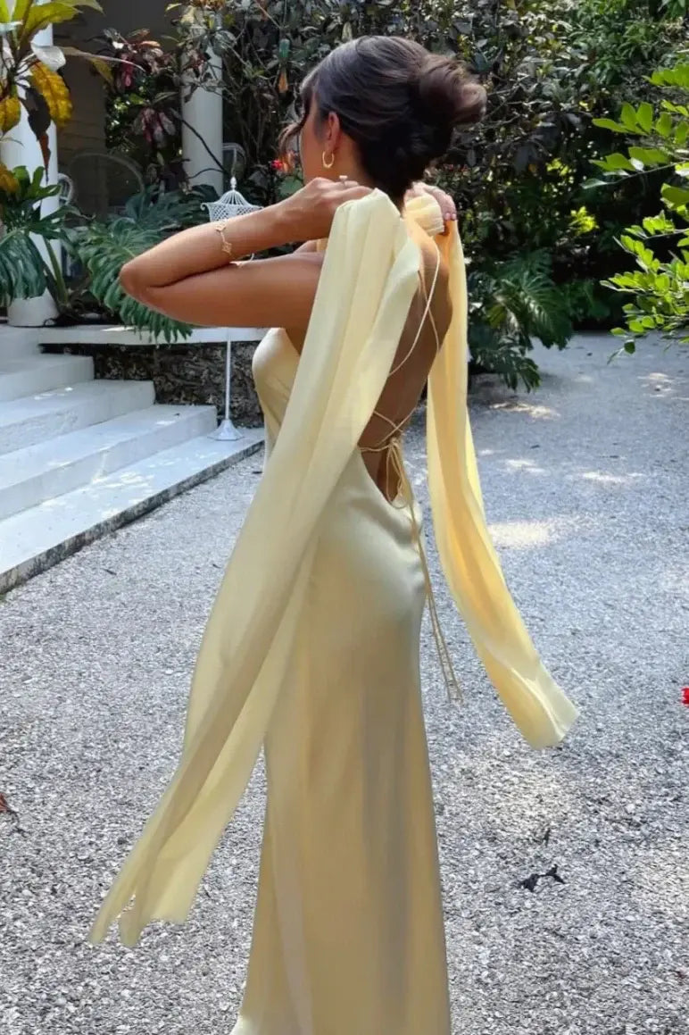 Luolandi Elegant Spaghetti Straps Sleeveless Yellow Wedding Guest Dress Fashion Long Party Prom Dress