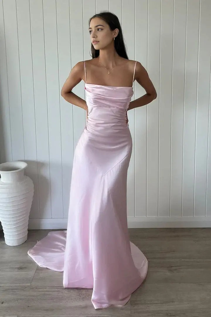 Luolandi Elegant Spaghetti Straps Square Long Formal Prom Dress Pretty Sleeveless Party Evening Gown With Train