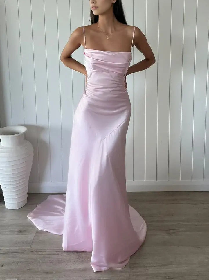 Luolandi Elegant Spaghetti Straps Square Long Formal Prom Dress Pretty Sleeveless Party Evening Gown With Train