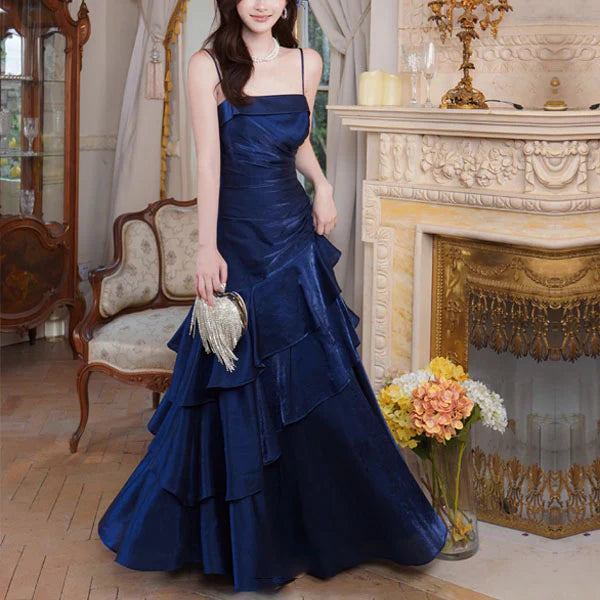 Luolandi Elegant Spaghetti Straps Tiered Ruffles Sleeveless Long Formal Prom Dress Classy Party Evening Gown