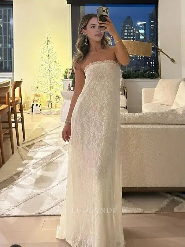 Luolandi Elegant Strapless Formal Prom Dress Lace Charming Evening Party Gowns Romantic Long Wedding Dress