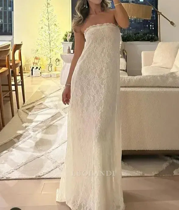 Luolandi Elegant Strapless Formal Prom Dress Lace Charming Evening Party Gowns Romantic Long Wedding Dress