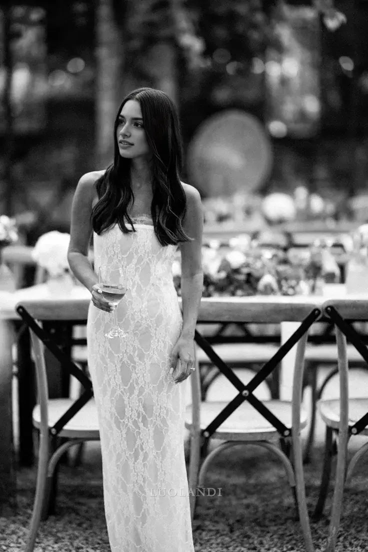 Luolandi Elegant Strapless Long Formal Prom Dress Lace Charming Evening Party Gowns Romantic Wedding Dress