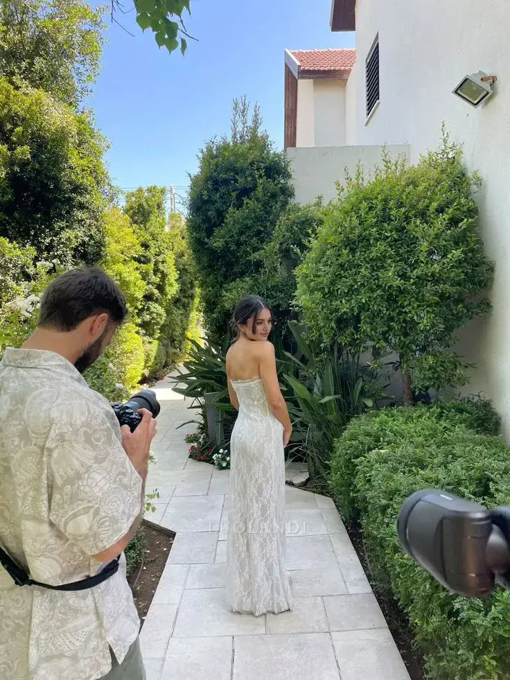 Luolandi Elegant Strapless Long Formal Prom Dress Lace Charming Evening Party Gowns Romantic Wedding Dress