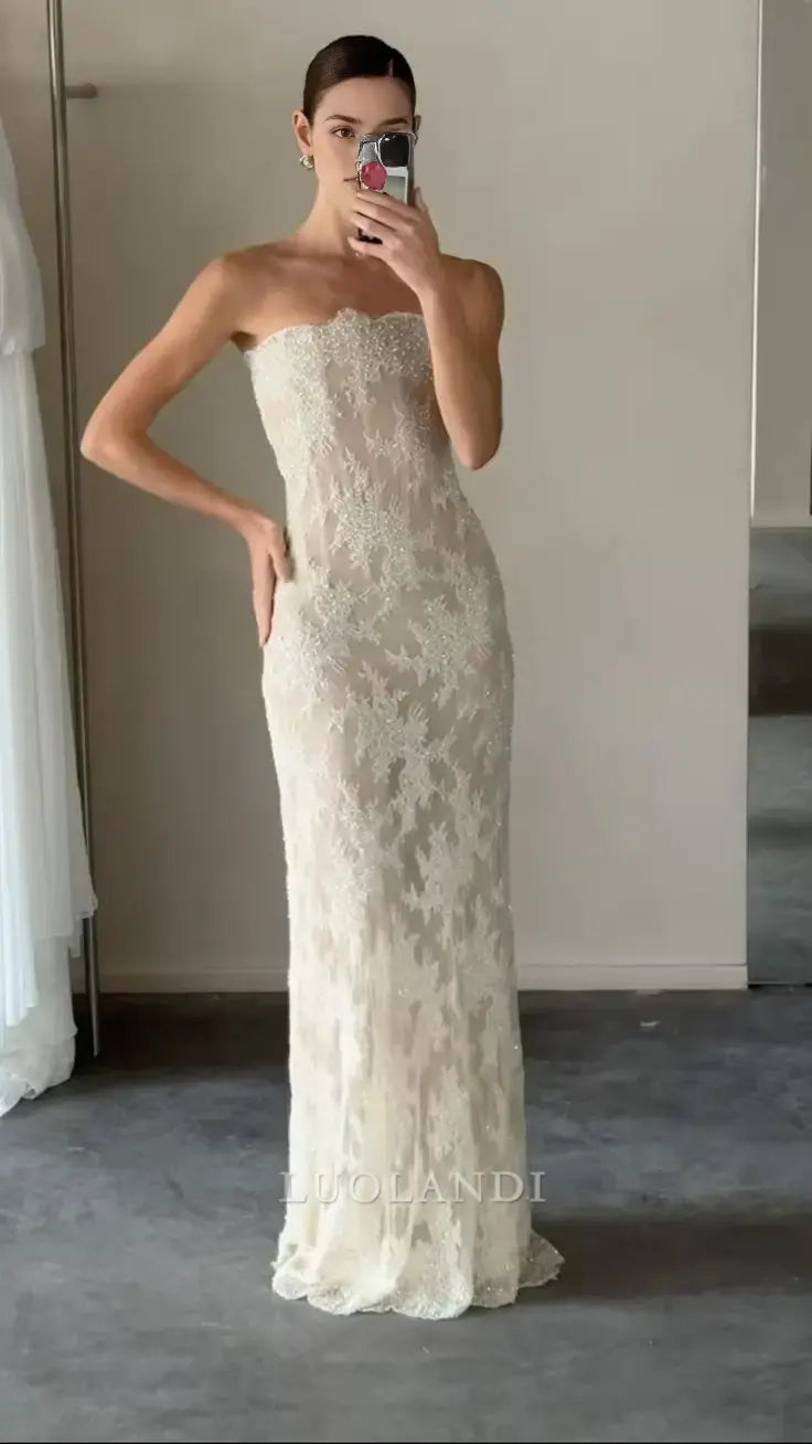 Luolandi Elegant Strapless Long Formal Prom Dress Sleeveless Charming Party Bridal Gown Modern Wedding Dress
