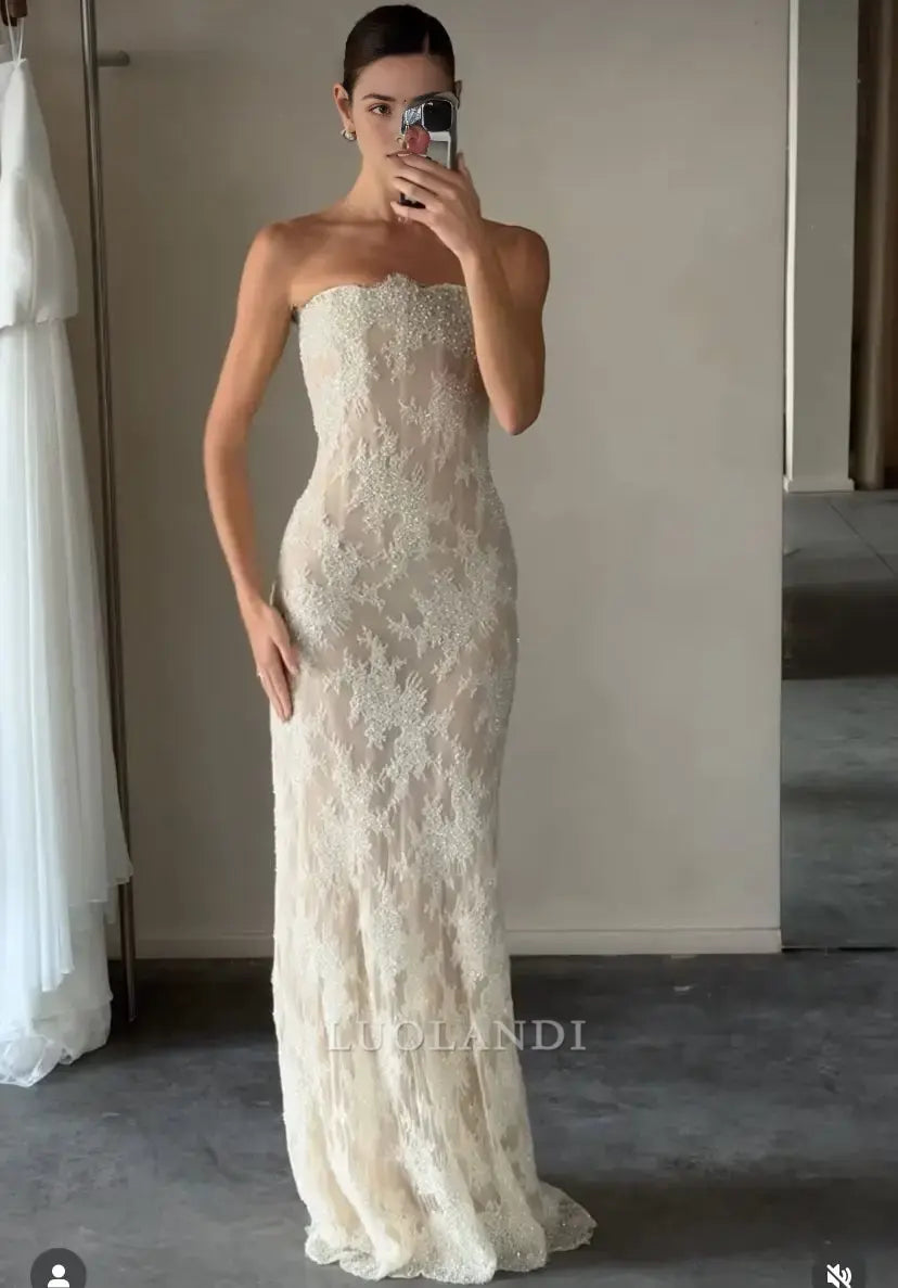 Luolandi Elegant Strapless Long Formal Prom Dress Sleeveless Charming Party Bridal Gown Modern Wedding Dress