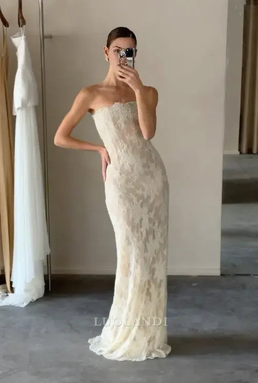 Luolandi Elegant Strapless Long Formal Prom Dress Sleeveless Charming Party Bridal Gown Modern Wedding Dress