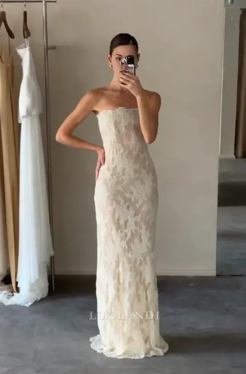 Luolandi Elegant Strapless Long Formal Prom Dress Sleeveless Charming Party Bridal Gown Modern Wedding Dress