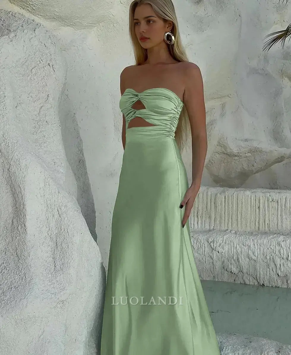 Luolandi Elegant Strapless Sleeveless Satin Long Formal Prom Dress Charming Party Evening Gowns Sexy Graduation Dress Maxi Dress For Girls