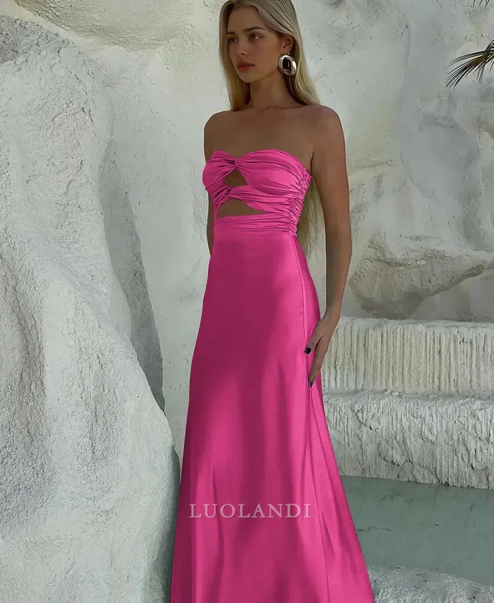 Luolandi Elegant Strapless Sleeveless Satin Long Formal Prom Dress Charming Party Evening Gowns Sexy Graduation Dress Maxi Dress For Girls