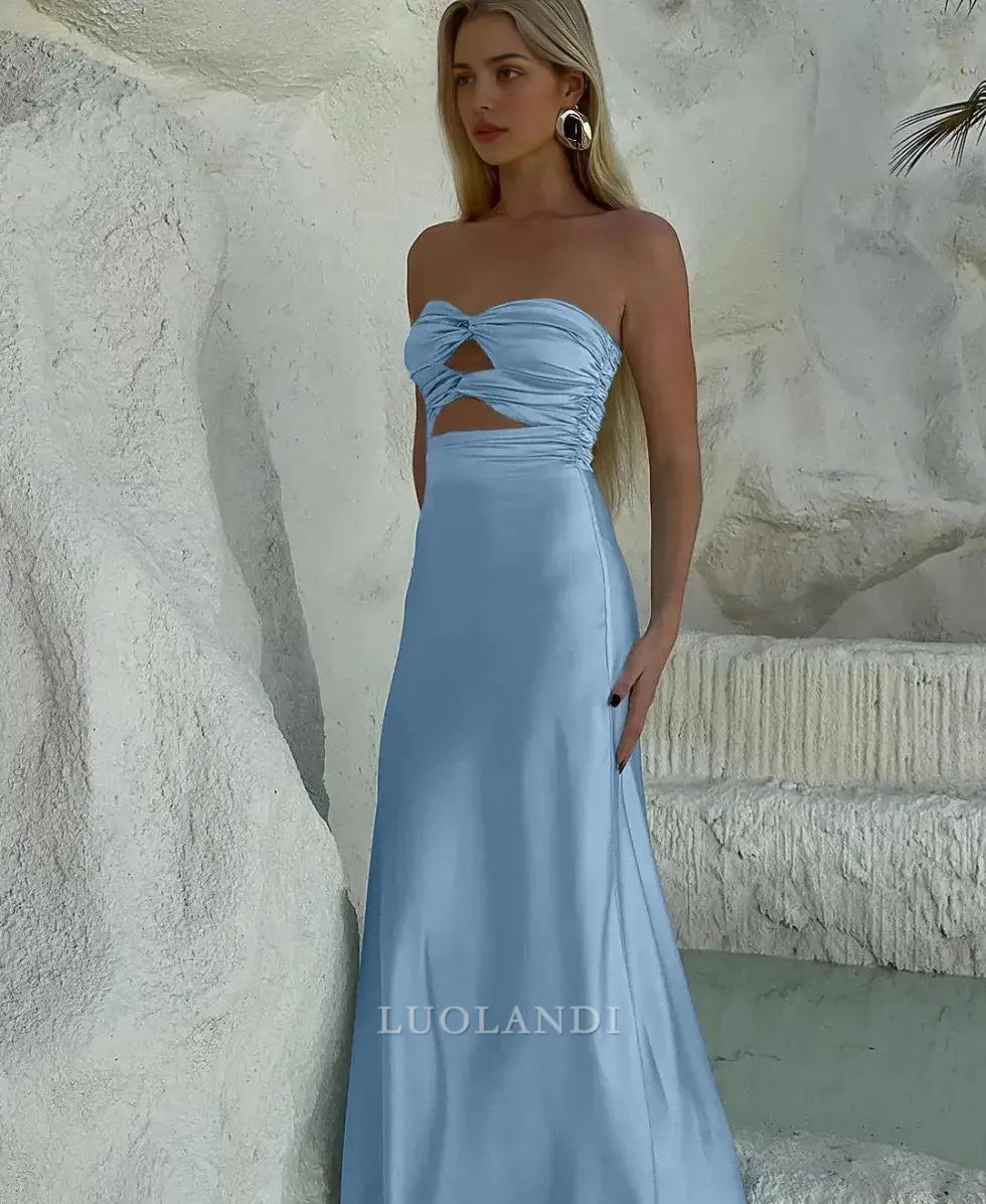 Luolandi Elegant Strapless Sleeveless Satin Long Formal Prom Dress Charming Party Evening Gowns Sexy Graduation Dress Maxi Dress For Girls