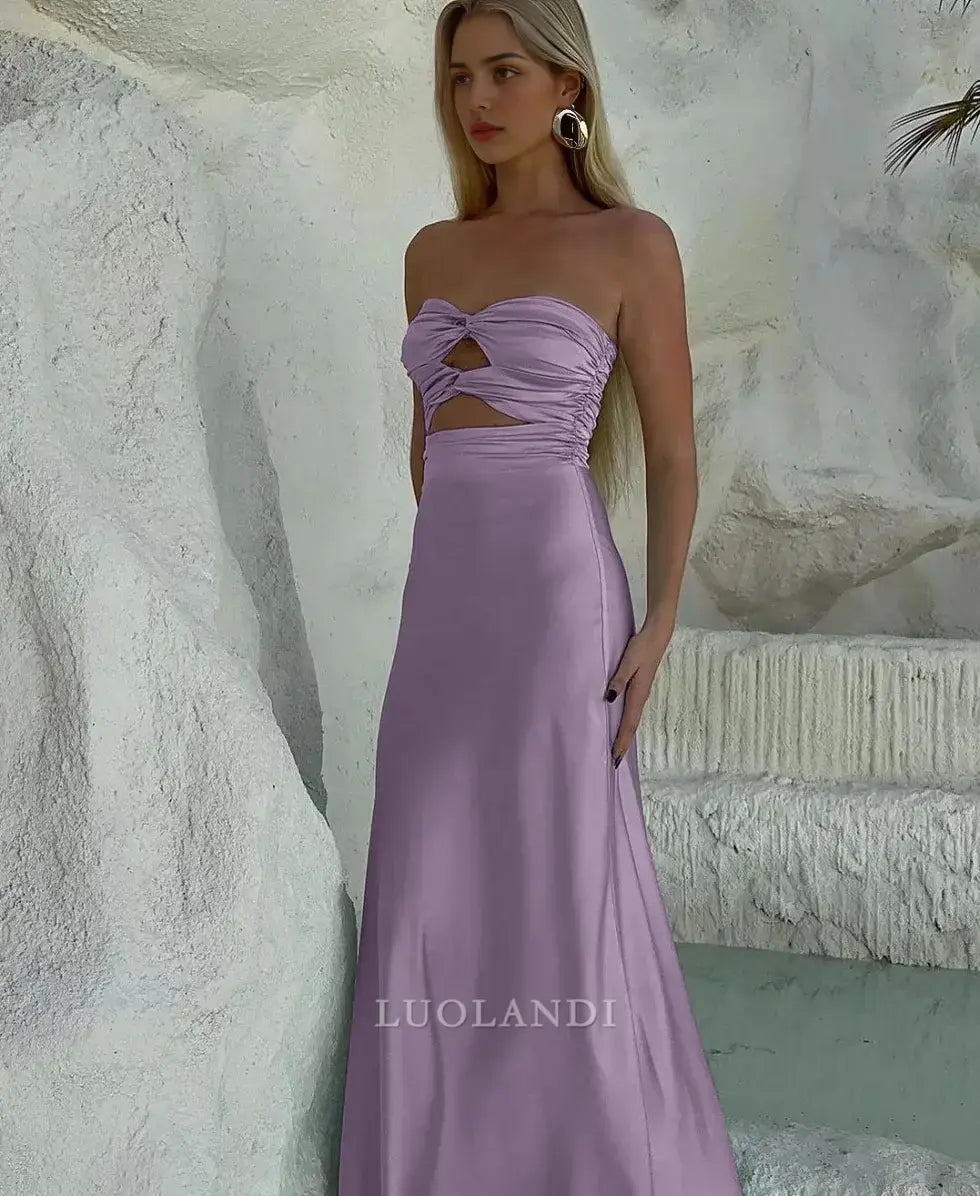 Luolandi Elegant Strapless Sleeveless Satin Long Formal Prom Dress Charming Party Evening Gowns Sexy Graduation Dress Maxi Dress For Girls
