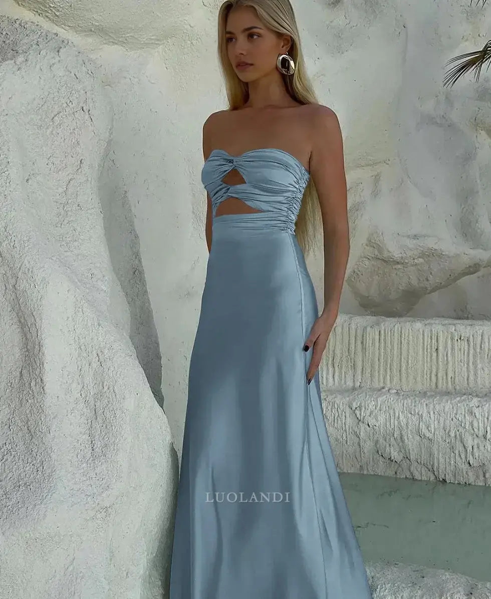 Luolandi Elegant Strapless Sleeveless Satin Long Formal Prom Dress Charming Party Evening Gowns Sexy Graduation Dress Maxi Dress For Girls