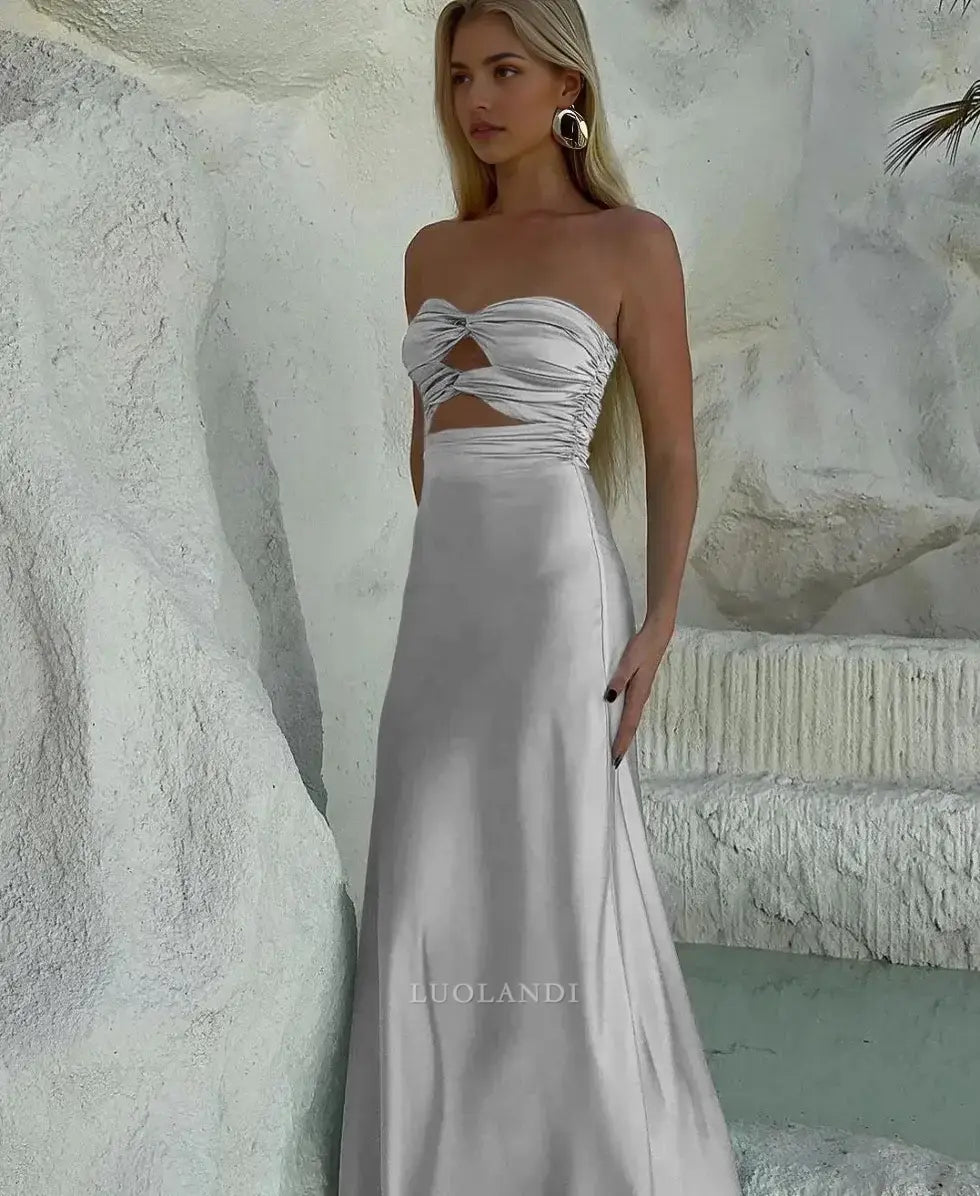 Luolandi Elegant Strapless Sleeveless Satin Long Formal Prom Dress Charming Party Evening Gowns Sexy Graduation Dress Maxi Dress For Girls