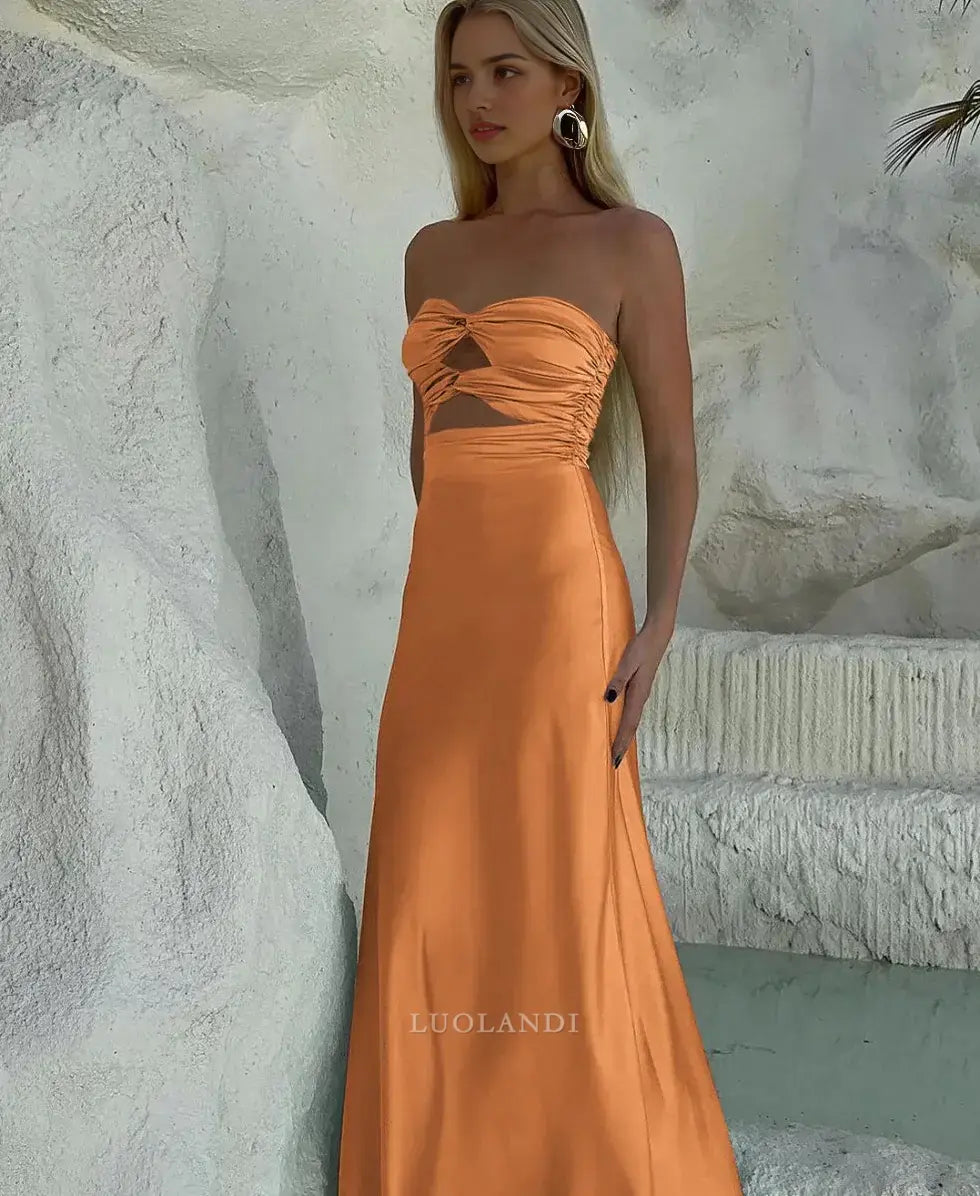 Luolandi Elegant Strapless Sleeveless Satin Long Formal Prom Dress Charming Party Evening Gowns Sexy Graduation Dress Maxi Dress For Girls
