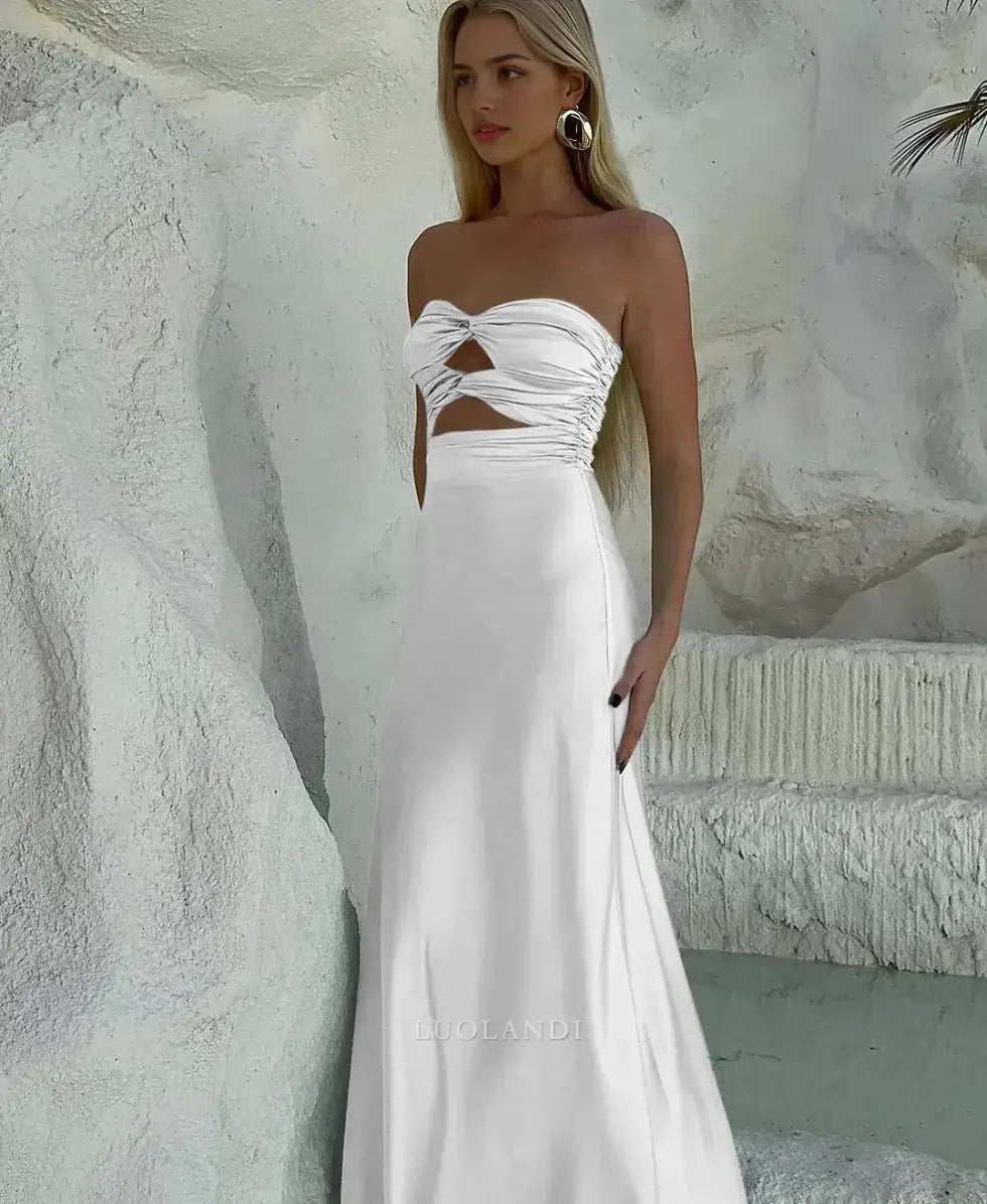 Luolandi Elegant Strapless Sleeveless Satin Long Formal Prom Dress Charming Party Evening Gowns Sexy Graduation Dress Maxi Dress For Girls