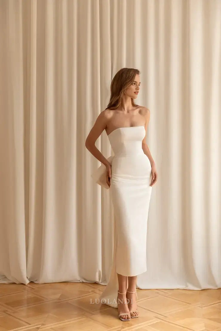 Luolandi Elegant Strapless Sleeveless Wedding Dress Lovely Party Dress Charming Bridal Gown With Bow