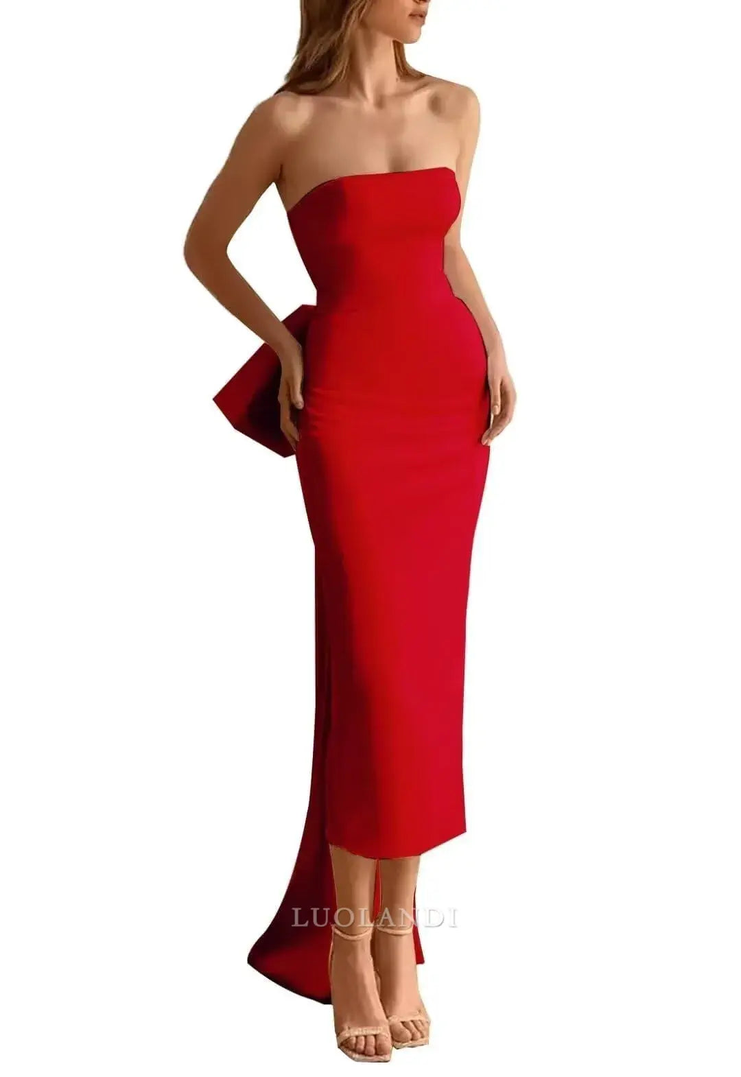 Luolandi Elegant Strapless Sleeveless Wedding Dress Lovely Party Dress Charming Bridal Gown With Bow