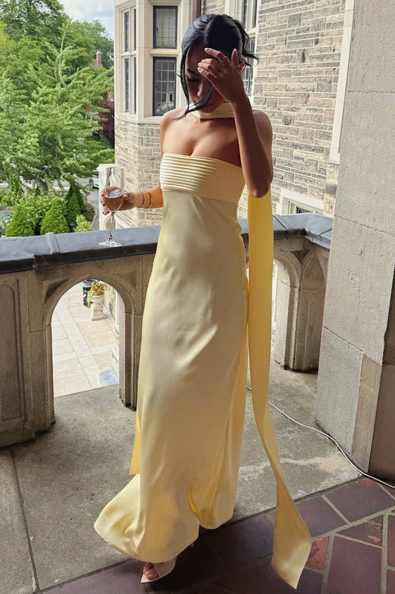 Luolandi Elegant Strapless Sleeveless Yellow Pleated Wedding Guest Dress Modest Long Party Prom Dress