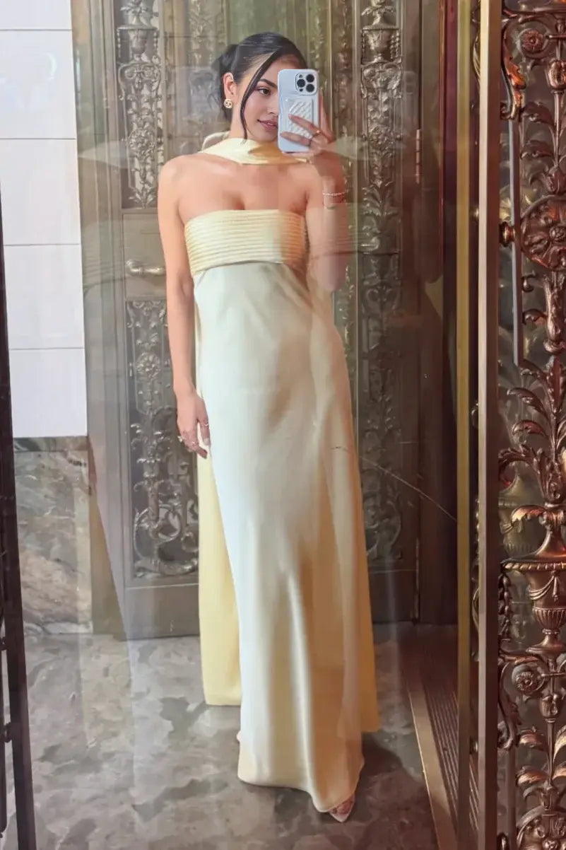 Luolandi Elegant Strapless Sleeveless Yellow Pleated Wedding Guest Dress Modest Long Party Prom Dress