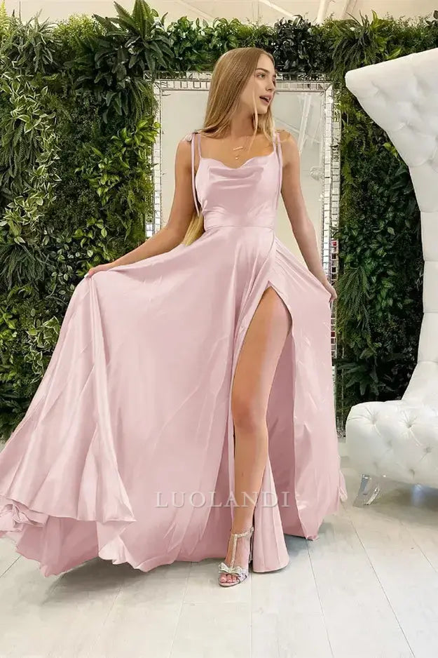 Luolandi Elegant Straps Sleeveless Satin Long Formal Prom Dress With Slit Fashion Party Evening Gowns Simple Bridesmaid Dresses