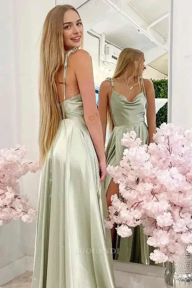 Luolandi Elegant Straps Sleeveless Satin Long Formal Prom Dress With Slit Fashion Party Evening Gowns Simple Bridesmaid Dresses