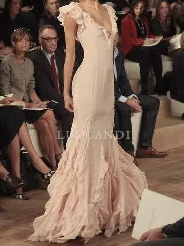 Luolandi Elegant V-neck Ruffle Long Formal Prom Dress Pretty Evening Party Gowns Charming Wedding Guest Dress