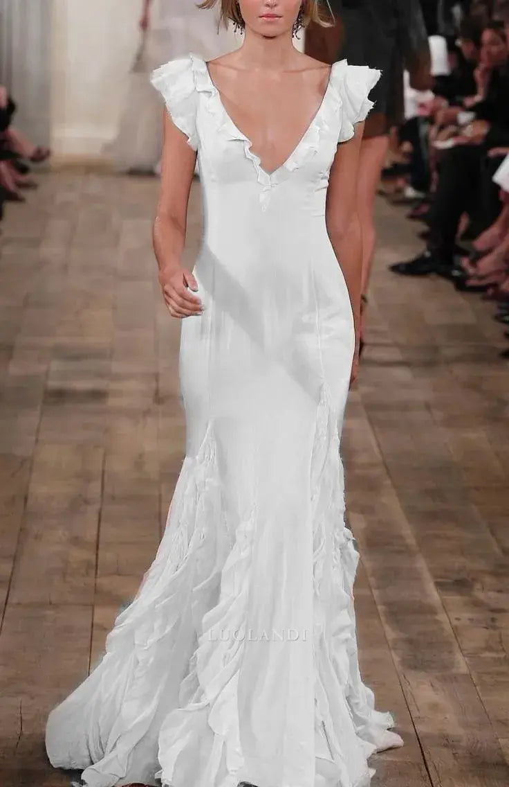 Luolandi Elegant V-neck Ruffle Long Formal Prom Dress Pretty Evening Party Gowns Charming Wedding Guest Dress