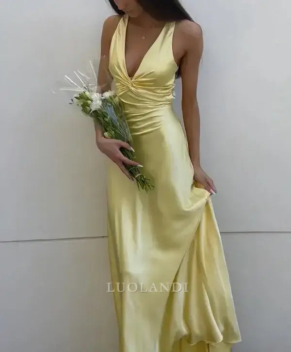 Luolandi Elegant V-neck Sleeveless Yellow Satin Long Formal Prom Dress Simple Party Evening Gowns Fashion Graduation Dress