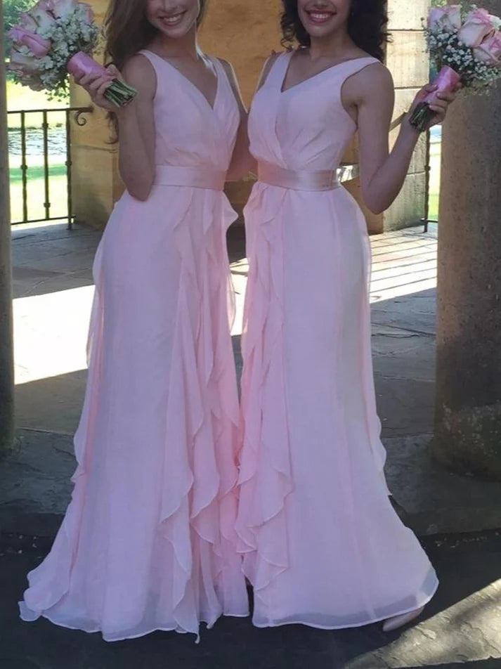 Luolandi Elegant V Neck Sleeveless Ruffle Long Formal Prom Dress Pretty Bridesmaid Dress
