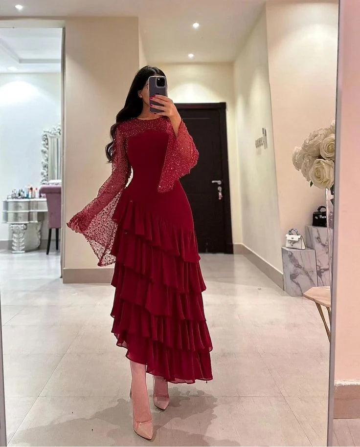 Luolandi Elegant Women's Dress Tiered Long Sleeves Prom Dress Charming Evening Party Dress