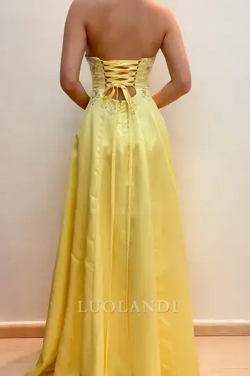 Luolandi Elegant Yellow A-Line Strapless Sleeveless Long Prom Dress Charming Evening Party Dress