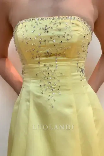 Luolandi Elegant Yellow A-Line Strapless Sleeveless Long Prom Dress Charming Evening Party Dress