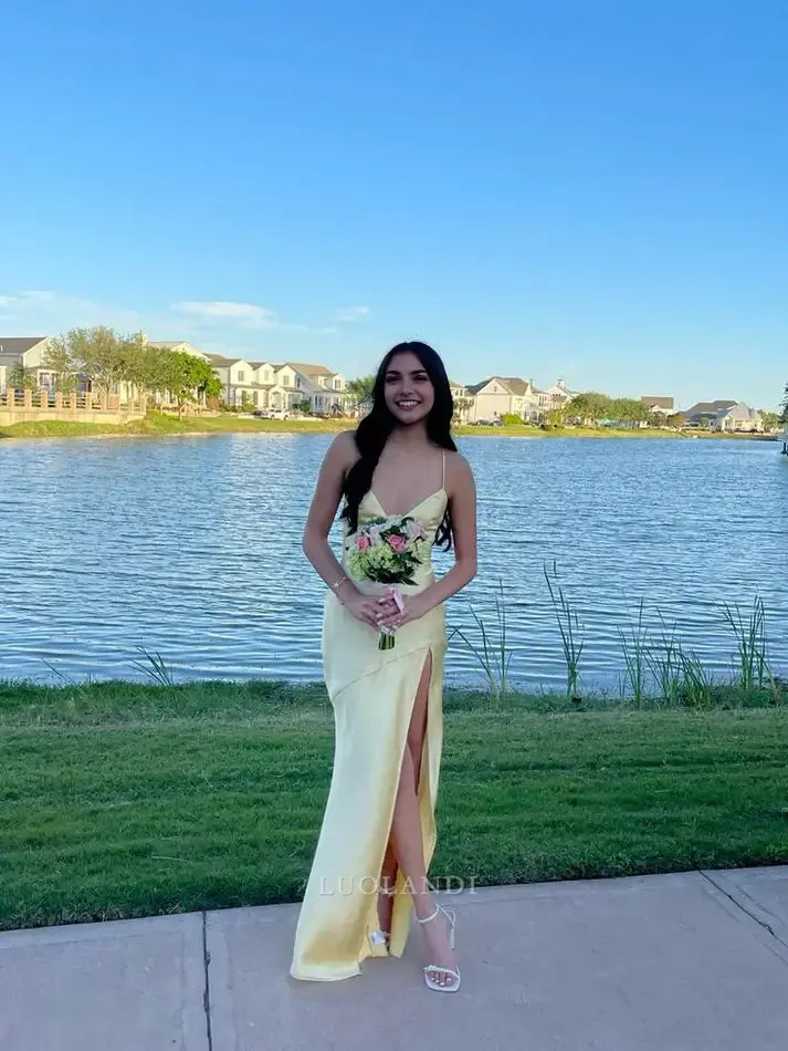Luolandi Elegant Yellow Satin V-neck Sleeveless Long Formal Prom Dress With Slit Simple Party Evening Gowns Fashion Graduation Dress
