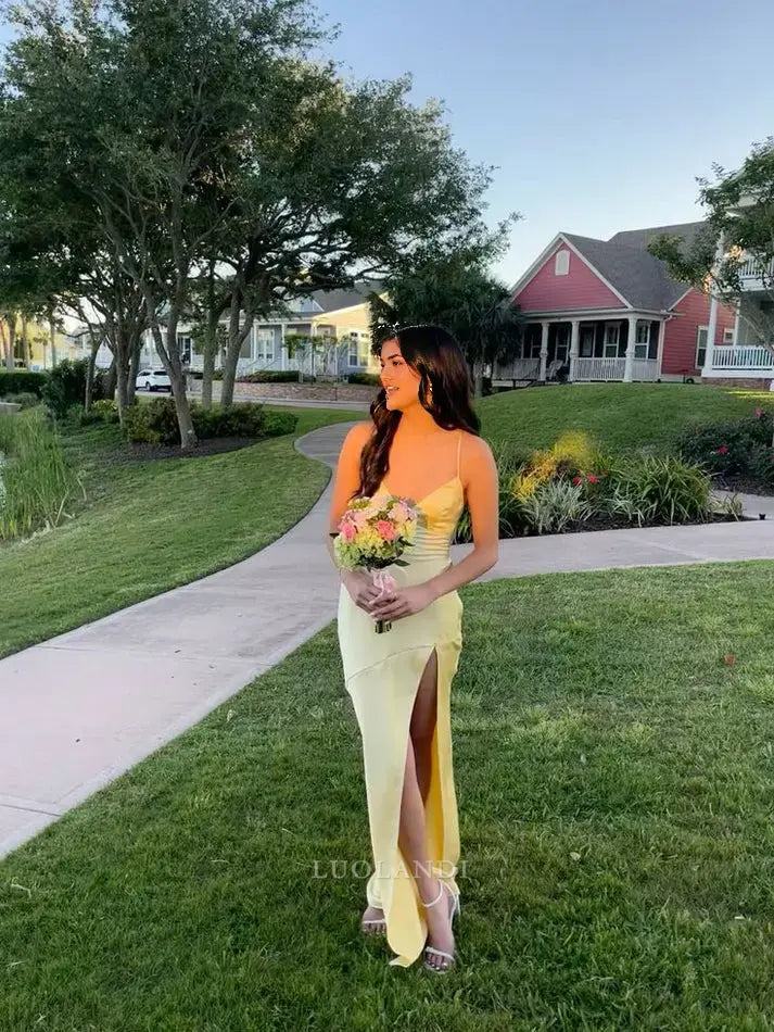 Luolandi Elegant Yellow Satin V-neck Sleeveless Long Formal Prom Dress With Slit Simple Party Evening Gowns Fashion Graduation Dress
