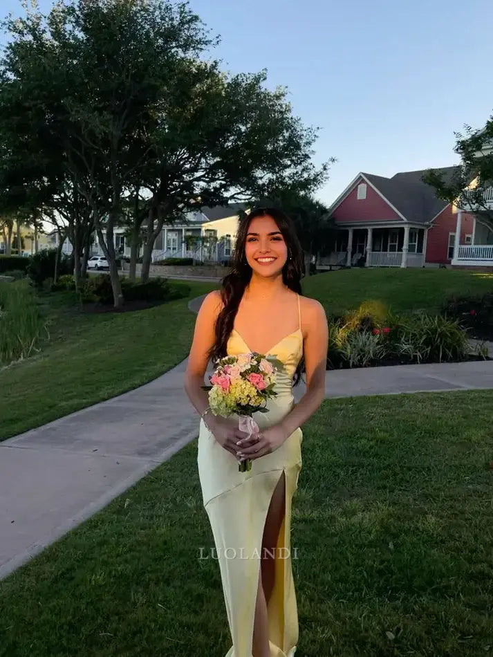 Luolandi Elegant Yellow Satin V-neck Sleeveless Long Formal Prom Dress With Slit Simple Party Evening Gowns Fashion Graduation Dress