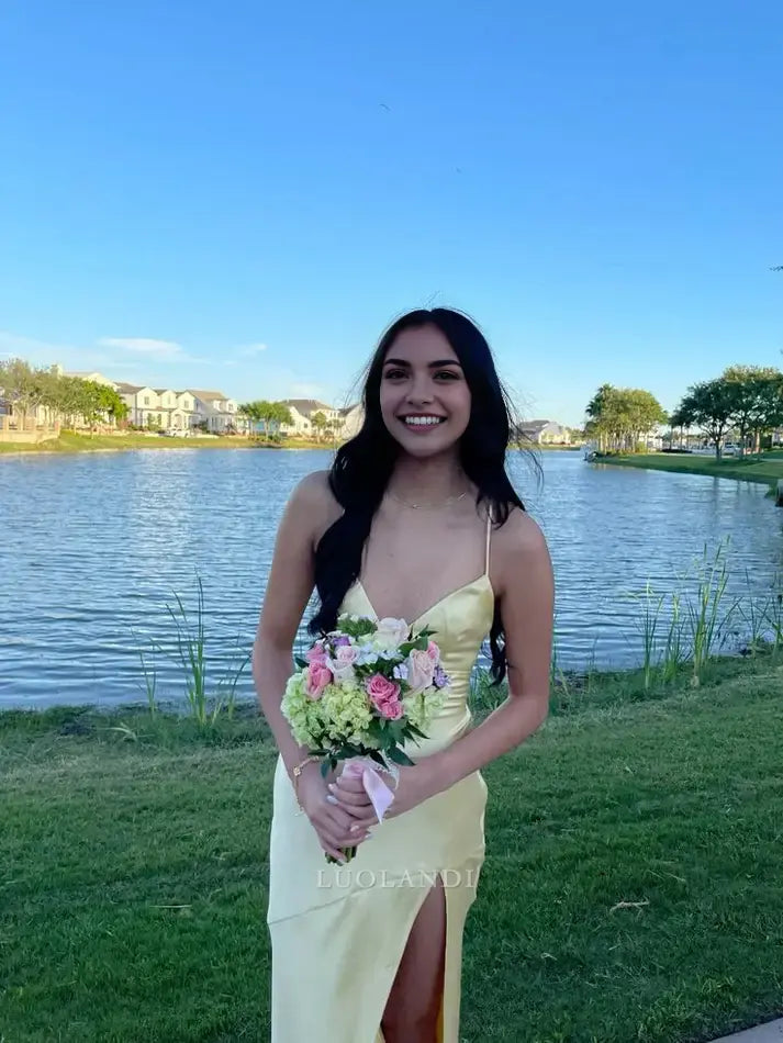 Luolandi Elegant Yellow Satin V-neck Sleeveless Long Formal Prom Dress With Slit Simple Party Evening Gowns Fashion Graduation Dress