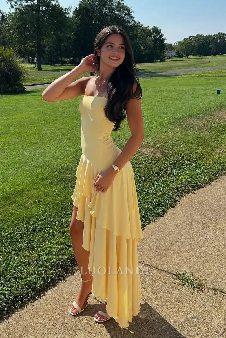 Luolandi Elegant Yellow Strapless Sleeveless Tiered Formal Prom Dress Lovely Party Dress Charming Graduation Dress