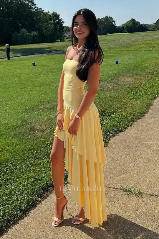 Luolandi Elegant Yellow Strapless Sleeveless Tiered Formal Prom Dress Lovely Party Dress Charming Graduation Dress