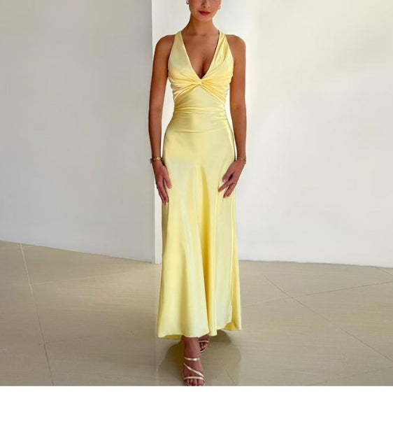 Luolandi Elegant Yellow V Neck Sleeveless Satin Long Prom Dress Sexy Party Evening Gowns Red Wedding Guest Dress