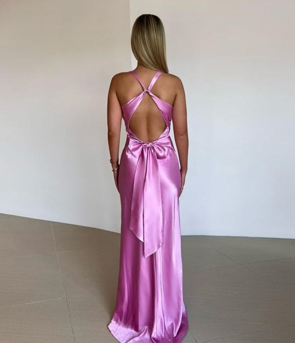 Luolandi Elegant Yellow V Neck Sleeveless Satin Long Prom Dress Sexy Party Evening Gowns Red Wedding Guest Dress