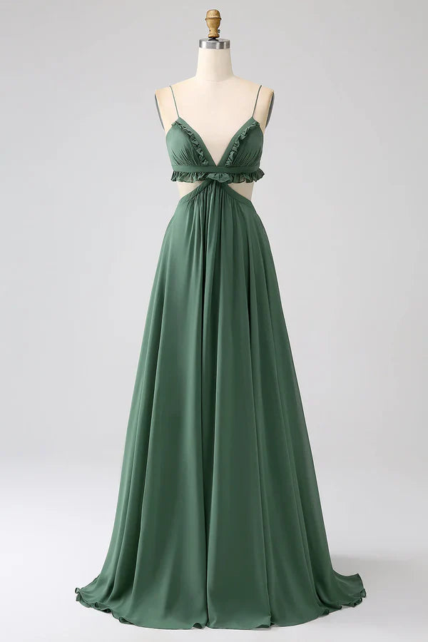 Luolandi Thin shoulder strap with ruffle edge green hollow out long bridesmaid dress Solid Color