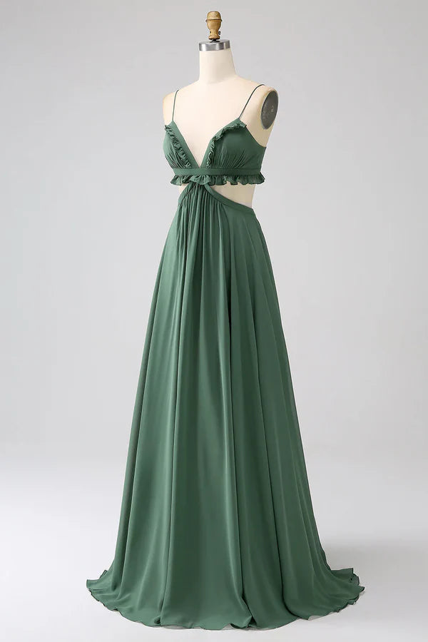 Luolandi Thin shoulder strap with ruffle edge green hollow out long bridesmaid dress Solid Color