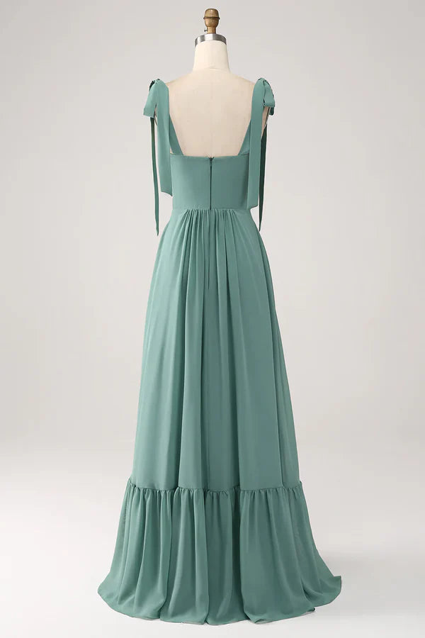 Luolandi A Line Chiffon Green Long Pleated Bridesmaid Dress Solid Color