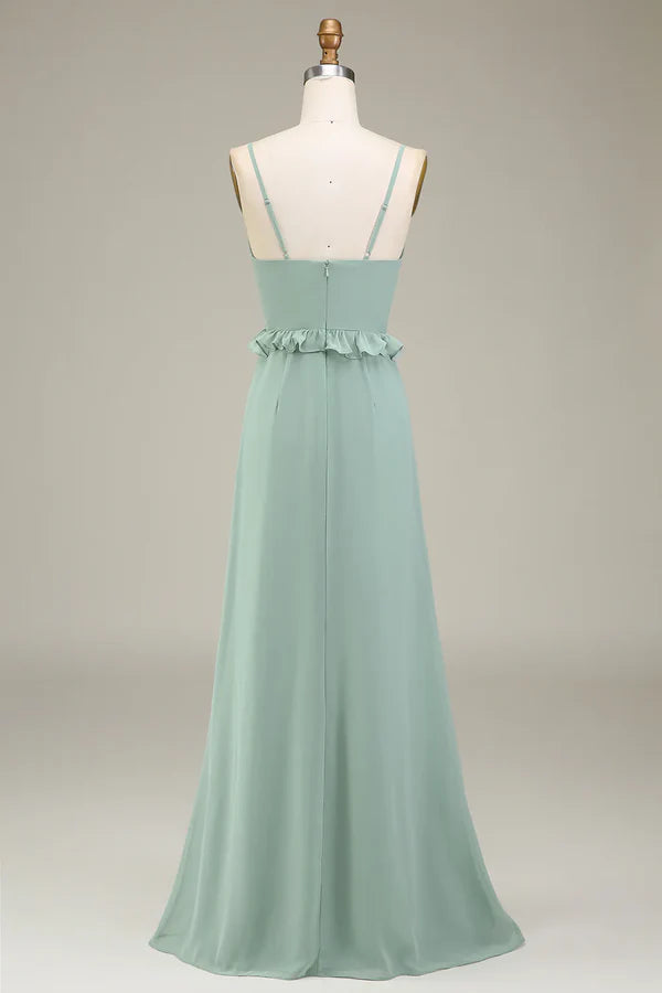 Luolandi Eucalyptus A-line V-neck ruffled chiffon bridesmaid dress Floor Length