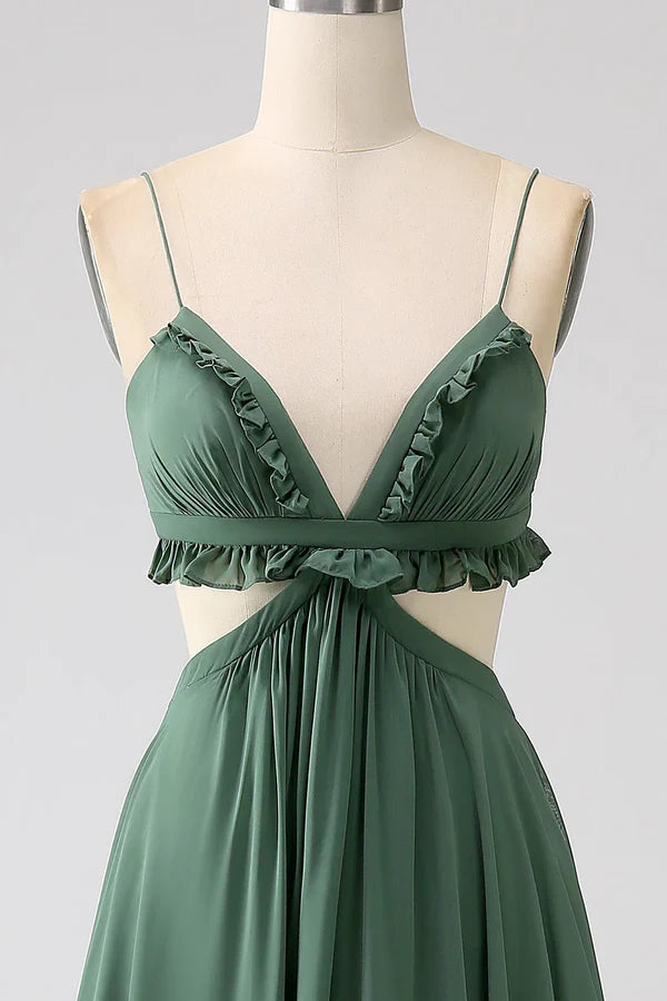Luolandi Thin shoulder strap with ruffle edge green hollow out long bridesmaid dress Solid Color